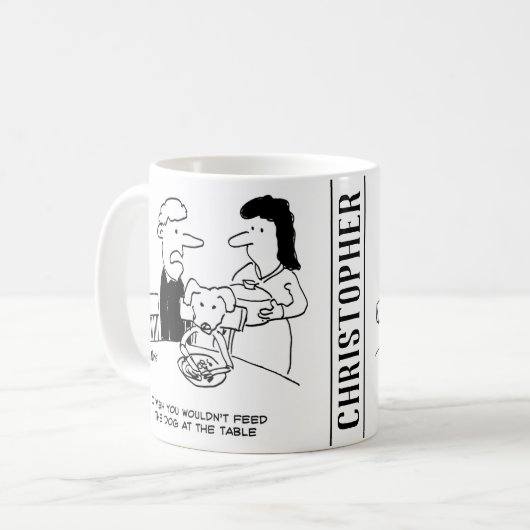 Füttre eines Hundes am Tisch. Funny Kaffeetasse (Vorderseite Links)
