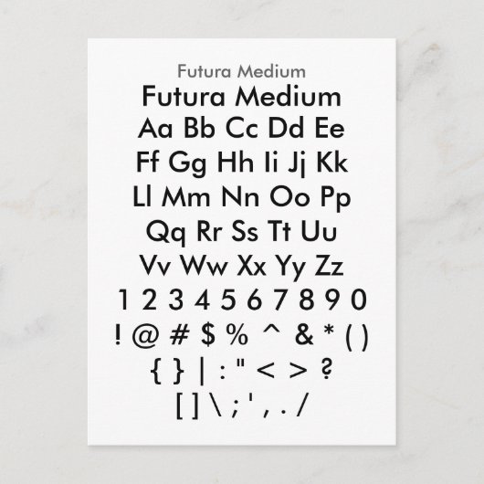 Futura Medium - Zazzle-Schriftart-Musterfolie Postkarte (Vorderseite)