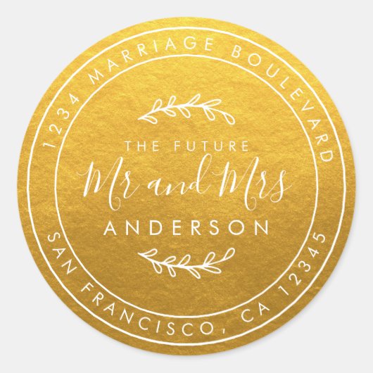 Future Mr. Gold Wedding Rücksendeadresse Classic Runder Aufkleber (Vorderseite)