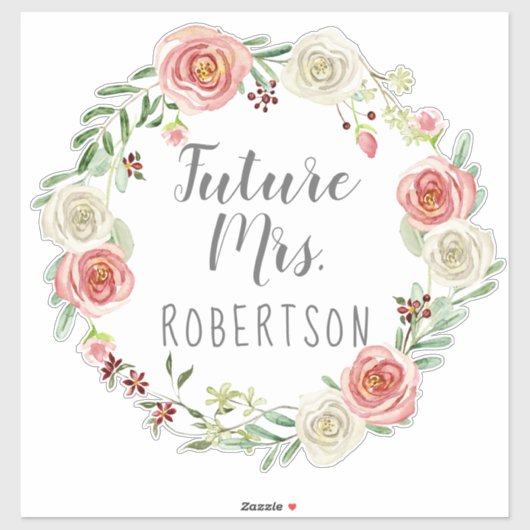 Future Mrs Bridal Watercolor Rose Floral Wreath Aufkleber (Blatt)