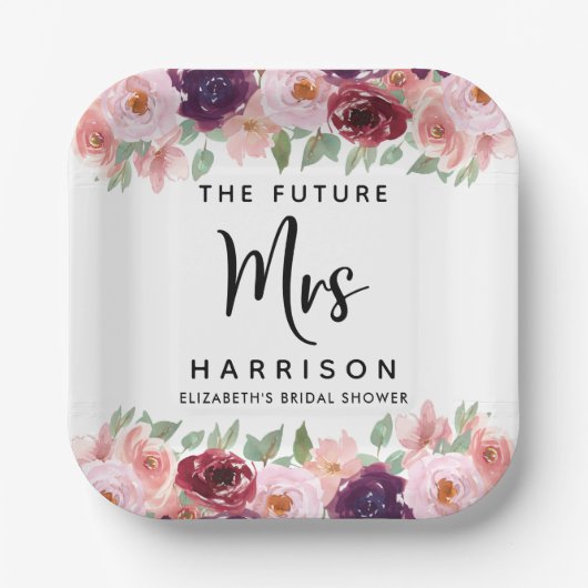 Future Mrs Burgundy Floral Brautparty Pappteller (Vorderseite)