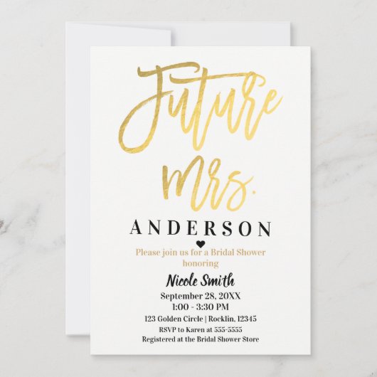 Future Mrs Gold Foil Modern Script Brautparty Einladung (Vorderseite)