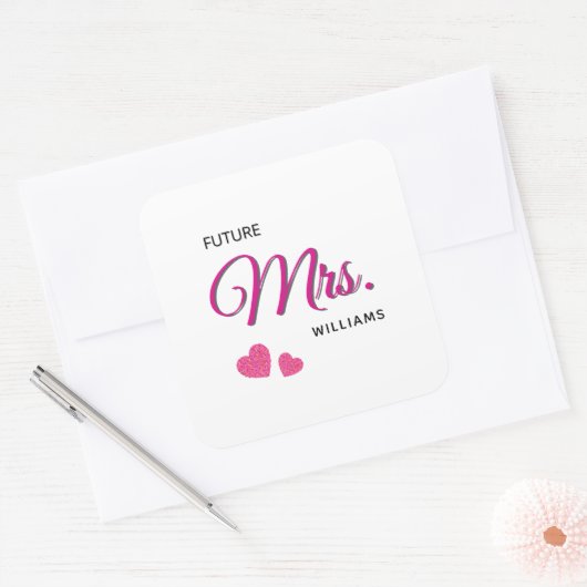 Future Mrs Personalized Wedding Design Quadratischer Aufkleber (Umschlag)
