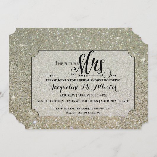 Future Mrs Ticket Silver Glitzer Brautparty Einladung (Vorne/Hinten)