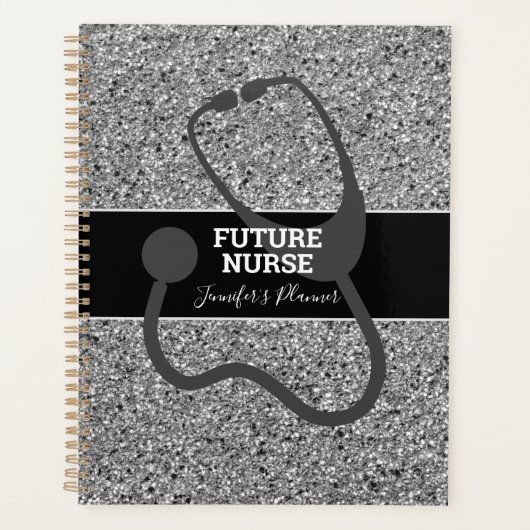 Future Nurse Black Silver Glitzer Stethoscope Name Planer (Vorderseite)