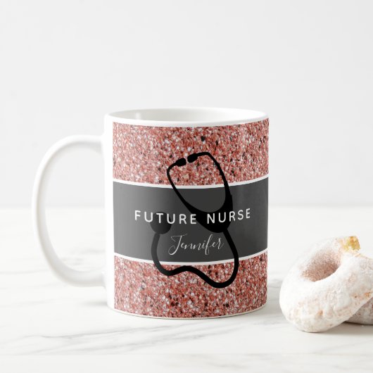 Future Nurse Medical Rose Gold Glitzer Name Kaffeetasse (Mit Donut)