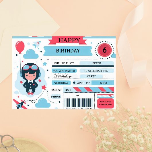 Future Pilot Airplane Boarding Pass Birthday Einladung