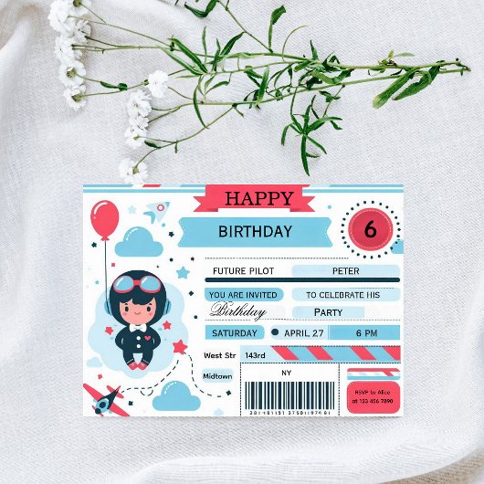 Future Pilot Airplane Boarding Pass Birthday Einladung