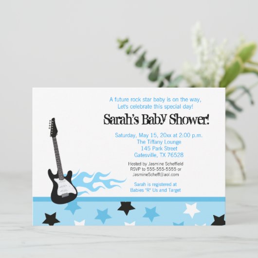 Future Rocker Baby Shower Einladung (blau) (Stehend Vorderseite)