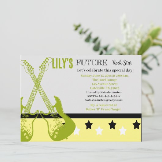 Future Rocker Baby Shower Gelbe Einladung (Stehend Vorderseite)