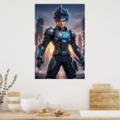 Futuristic Anime Hero – Cyberpunk Warrior Poster (Küche)