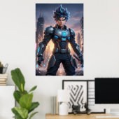 Futuristic Anime Hero – Cyberpunk Warrior Poster (Heimbüro)