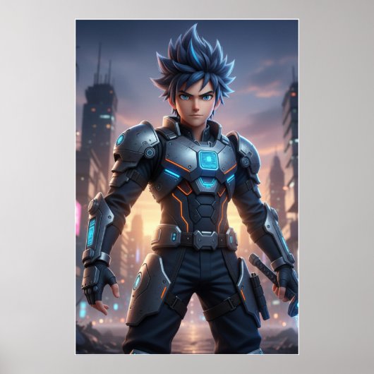 Futuristic Anime Hero – Cyberpunk Warrior Poster (Vorne)