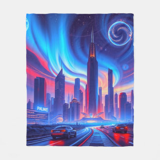Futuristic City Blanket | Neon Skyline & Cosmic Sw Fleecedecke