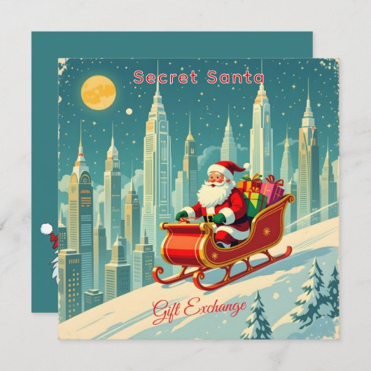 Futuristic City Santa Sleigh Gift Exchange Square Einladung (Vorne/Hinten)