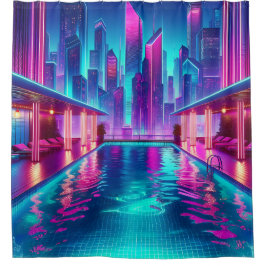 "Futuristic Cityscape Pool with Neon Lights" Duschvorhang