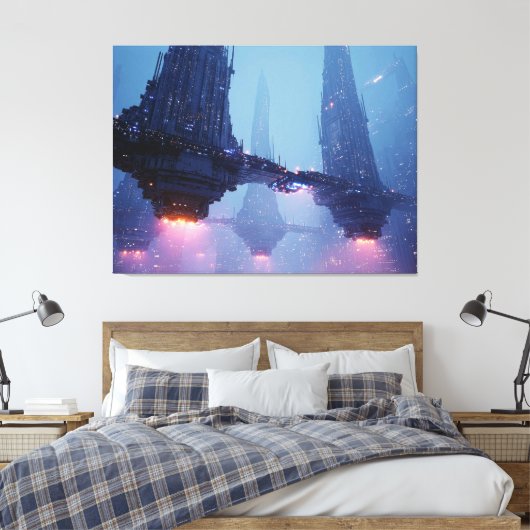 Futuristic Cityscape with Hovering Structures Leinwanddruck (Insitu (Schlafzimmer))
