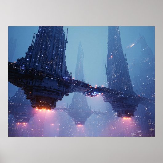 Futuristic Cityscape with Hovering Structures Poster (Vorne)