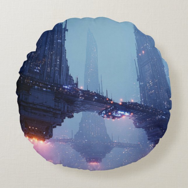 Futuristic Cityscape with Hovering Structures Rundes Kissen (Vorderseite)