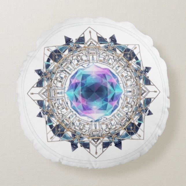 Futuristic Crystal Mandala – Geometric Tech Art Rundes Kissen (Vorderseite)