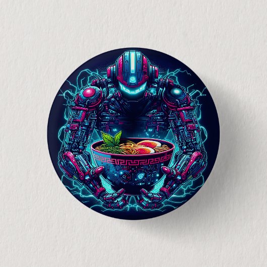 Futuristic Cyberpunk Robot Neon Food Ramen Button (Vorderseite)