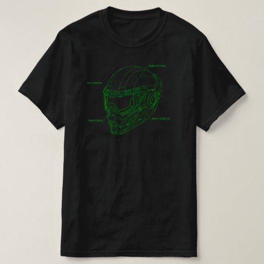 Futuristic Green Wireframe Cyber Helmet Blueprint T-Shirt (Design vorne)