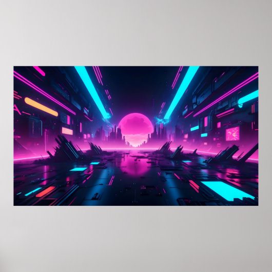 Futuristic Neon Vaporwave City Horizon Synthwave Poster (Vorne)