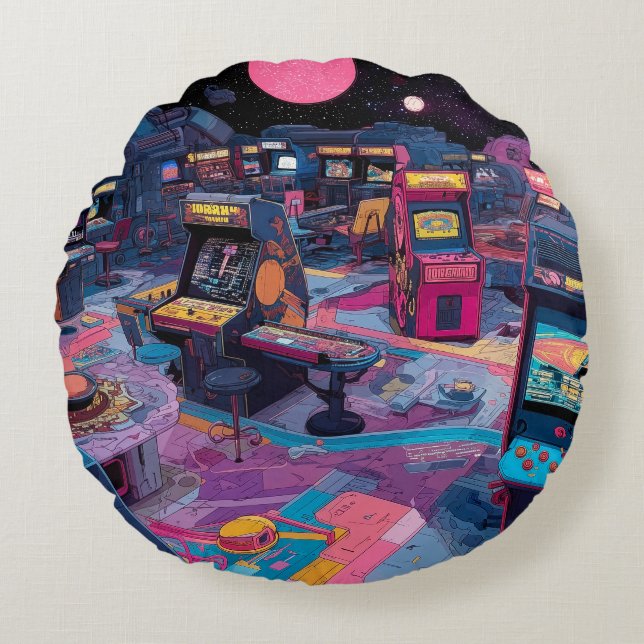 Futuristic Retro Arcade in Outer Space Rundes Kissen (Vorderseite)