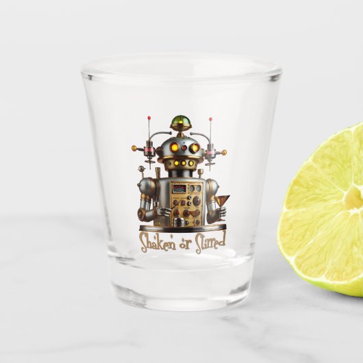 Futuristic Robot Bartender "Shaken or Stirred" Schnapsglas (Vorderseite)