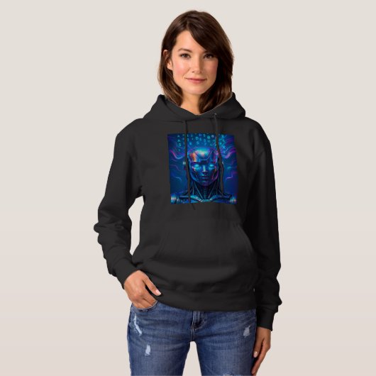 futuristic robot, cyberpunk AI, glowing blue eyes, Hoodie (Vorne ganz)