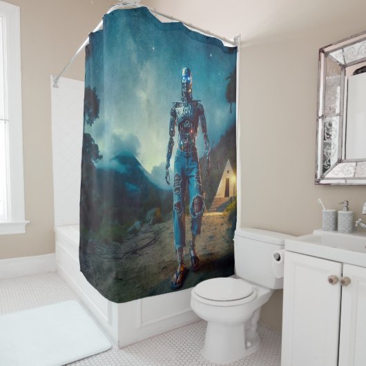 Futuristic Robot in Ancient Landscape Duschvorhang (Beispiel)