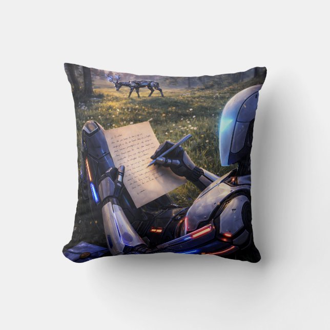 Futuristic Robot Writing Letter Forest Pillow Kissen (Vorderseite)