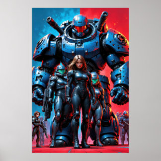 Futuristic soldiers and armored robot in a science poster