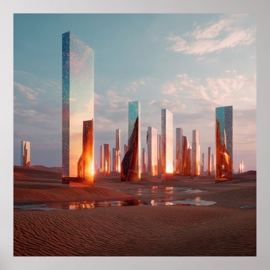 Futuristic Surreal Mirror Towers In Desert Poster (Vorne)