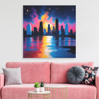 Futuristic Urban Skyline at Sunset Canvas Print Leinwanddruck