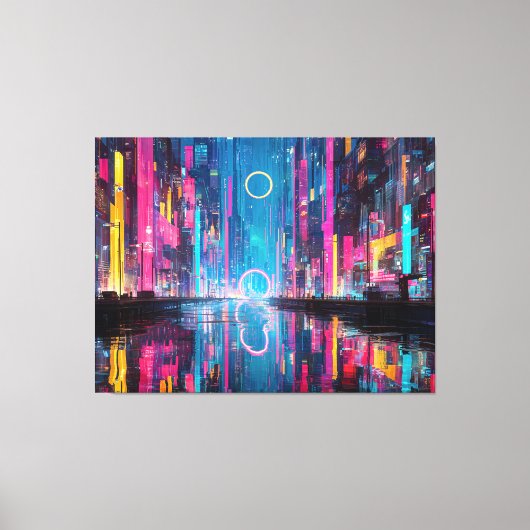 Futuristic Vibrant Neon Night Cityscape Leinwanddruck (Vorderseite)