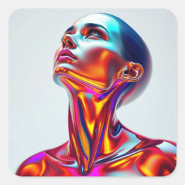 Futuristic woman portrait, sci-fi aesthetics, neon quadratischer aufkleber