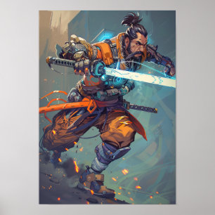 Futuristisch Cyberpunk Samurai Holding Laser Katan Poster