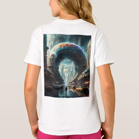 Futuristische Alien Planet Portal mit Magic Gate T-Shirt (Rückseite)
