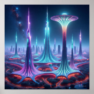 Futuristische Alien Stadtbild mit Spaceport Poster