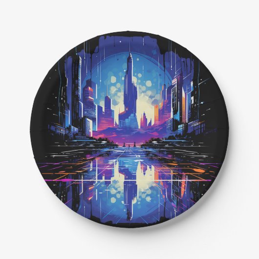 Futuristische Cyberpunk City Skyline Pappteller (Vorderseite)