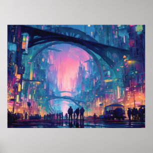 Futuristische Cyberpunk-Stadtlandschaft mit leucht Poster