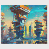 Futuristische Dystopische Stadt, AI-Generierte Mal Geschenkpapier (Flach)