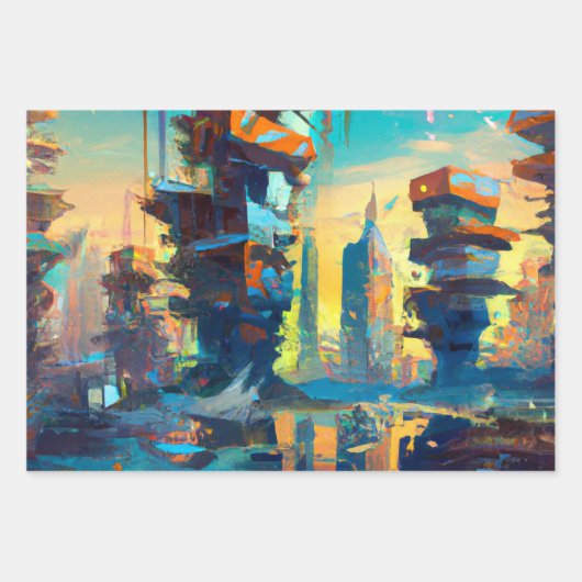 Futuristische Dystopische Stadt, AI-Generierte Mal Geschenkpapier Set (Vorderseite 3)