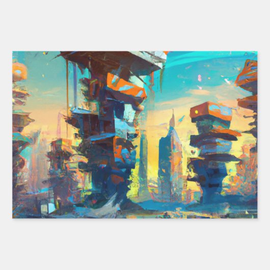 Futuristische Dystopische Stadt, AI-Generierte Mal Geschenkpapier Set (Vorderseite 2)