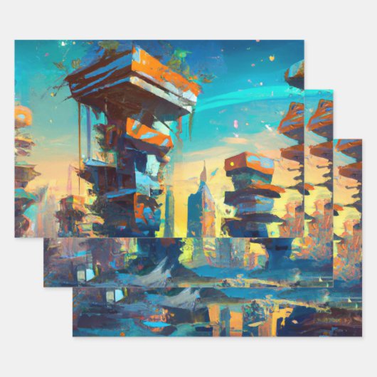 Futuristische Dystopische Stadt, AI-Generierte Mal Geschenkpapier Set (Set)