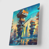 Futuristische Dystopische Stadt, AI-Generierte Mal Quadratische Wanduhr (Winkel)