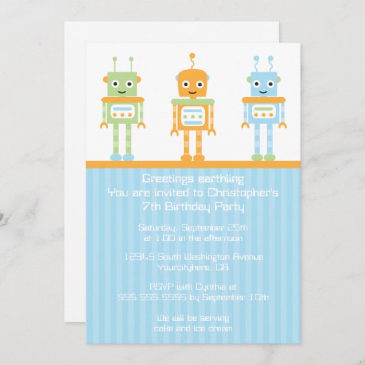 Futuristische Einladung eines Roboters zum Geburts (Vorne/Hinten)