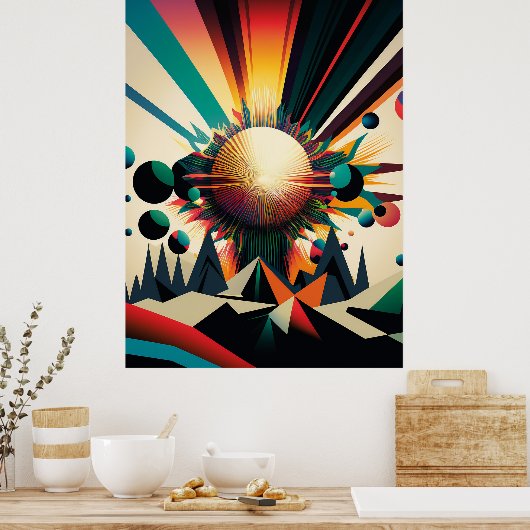 Futuristische Erde und Sonnenstrahlen Art Retro Wa Poster (Küche)