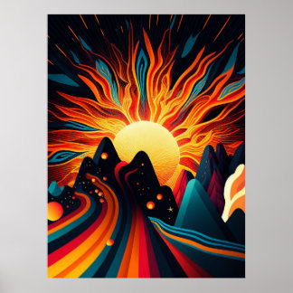 Futuristische Erde und Sonnenstrahlen Art Retro Wa Poster